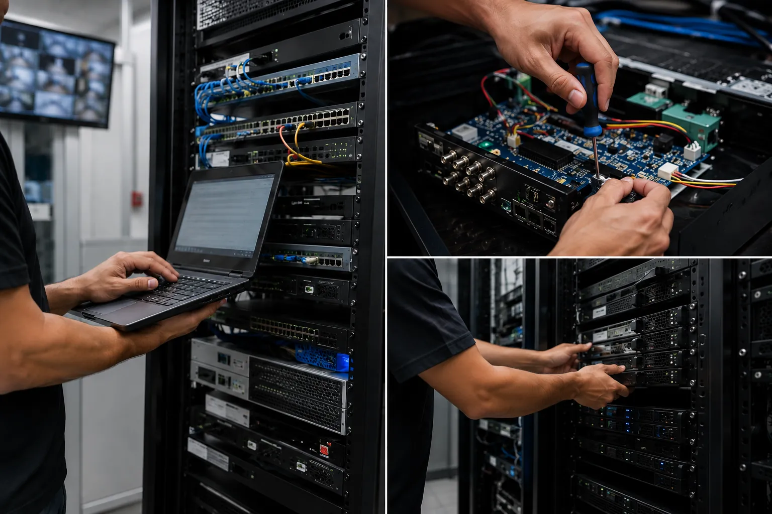 Engineer servicing a network rack with a laptop and repairing equipment on a workbench, AMC and managed services by Delta8 Technologies in Thane and Mumbai