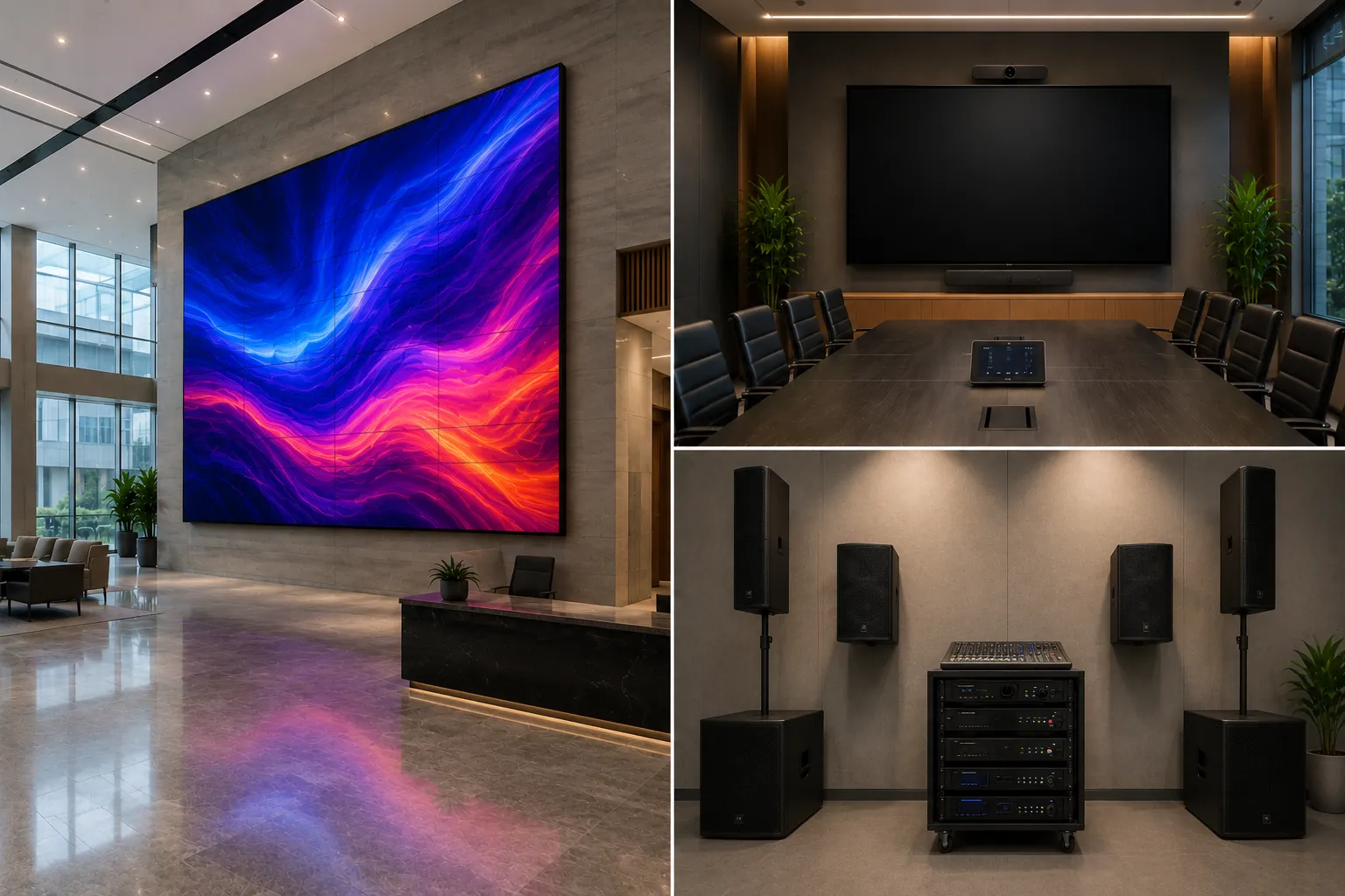 LED video wall in an office lobby, boardroom display with conference camera and an AV amplifier rack, audio visual systems by Delta8 Technologies in Thane and Mumbai