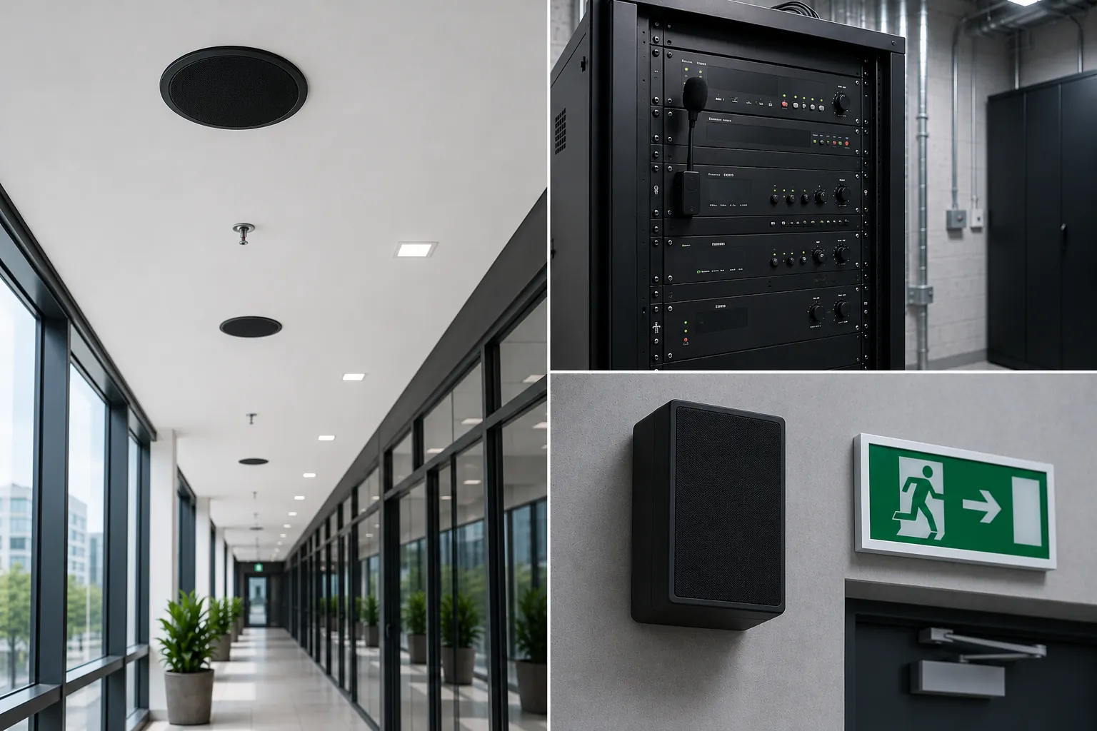 Ceiling speakers in a corridor, voice alarm amplifier rack and a wall speaker beside an emergency exit sign, public address and voice alarm systems by Delta8 Technologies
