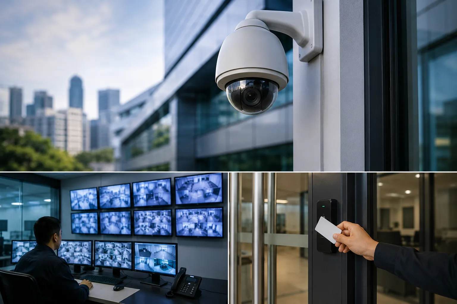 IP CCTV camera, security control room monitors and access control card reader, security systems by Delta8 Technologies in Thane and Mumbai