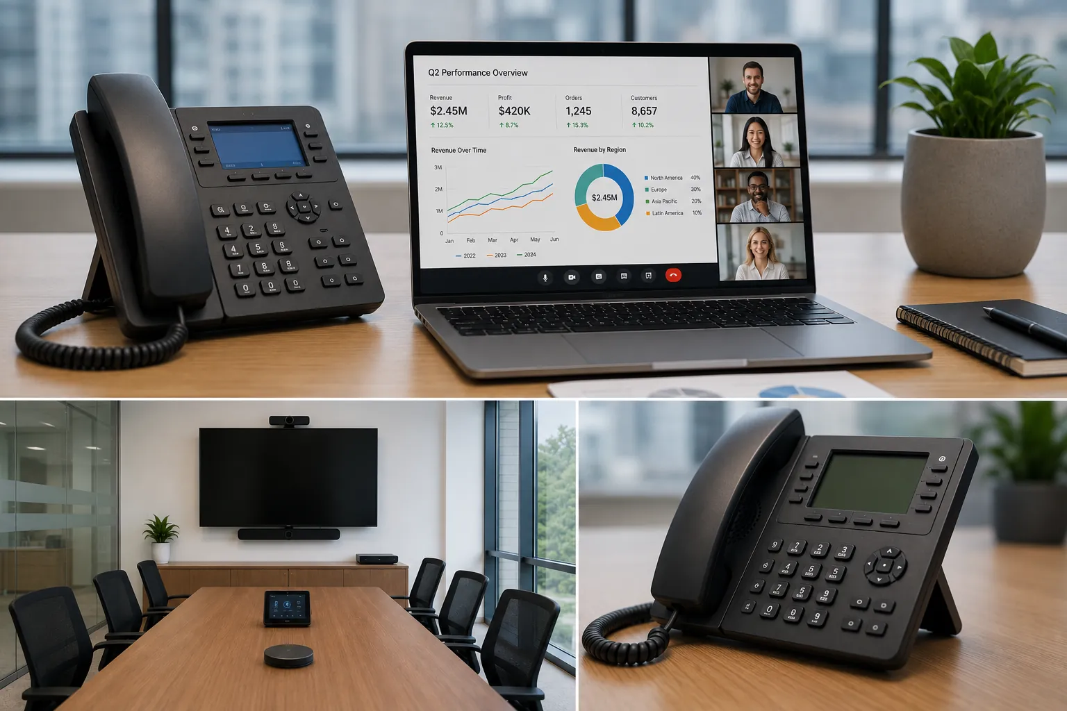 IP desk phone, laptop on a video call and a conference room video system, unified communications by Delta8 Technologies in Thane and Mumbai